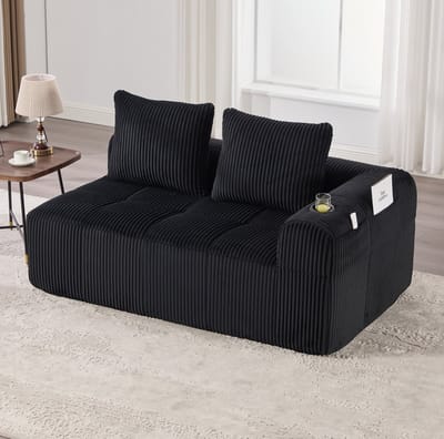DESMIU Zitbank 158 Cm - 2-Zits Met Opbergvakken En Bekerhouder - Voor Woonkamer En Logeerkamer - Corduroy Zwart