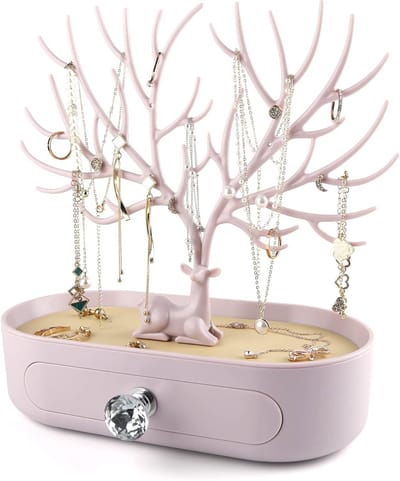 Sieradenhouder met Lade en Kristallen Handvat, Boomvormige Rack voor Ringen, Oorbellen en Armbanden
