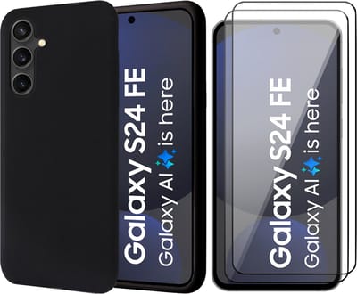 Hoesje geschikt voor Samsung Galaxy S24 FE - 2x Screenprotector Volledig Dekkend Glas - Mat Back Case Zwart
