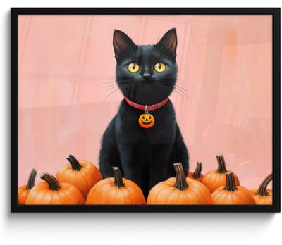 Poster in lijst - Fotolijst 70x50 cm - Posters - Kat - Pompoen - Roze - Posterlijst zwart - Decoratie - Wanddecoratie woonkamer - Muurdecoratie slaapkamer