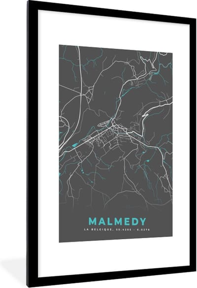 Fotolijst incl. Poster - Kaart – Plattegrond – Stadskaart – Malmedy – België - Grijs - 60x90 cm - Posterlijst