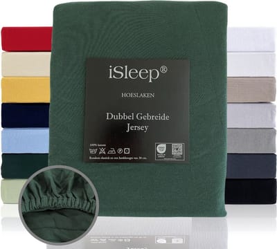 iSleep Dubbel Gebreide Jersey Hoeslaken - Hoge Hoek - Rondom Elastiek - Eenpersoons - 80/90x200 cm - Donker Groen