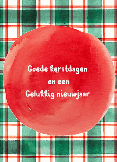 Aquarel kerstkaart met rood-groene ruit- Goede kerstdagen en een gelukkig nieuwjaar- Kwaliteitskaart 400 grams papier- Achterzijde voorbedrukt met adresregels