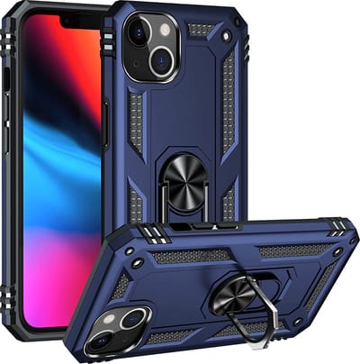 Casemania Hoesje Geschikt voor Apple iPhone 14 - Blauw - Anti-Shock Hybrid Armor Back Cover - Hoes met Kickstand Ring