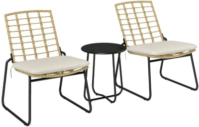Bistroset - Tuinmeubel 3-delig - Tuinset - Balkonset voor 2 Personen - Tuinmeubelset met 2 Rotan Stoelen + Tafel + Zitkussens - Zitgroep - Meubel - Loungeset - Meubelsets - voor Tuin, Balkon, Terras - Beige & Bruin