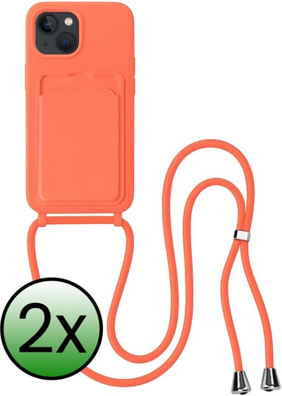 Hoes Geschikt voor iPhone 13 Hoesje Pas Houder Case Hoes Met Koord - Hoesje Geschikt voor iPhone 13 Hoes Met Telefoonkoord Pasjeshouder Cover - Papaya - 2 Stuks