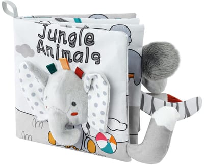 Babyboek – Baby stoffen boek - stoffen boeken voor baby's met dierenthema - voelboek - knisperboek - speelgoedboek 6 maanden – Olifant