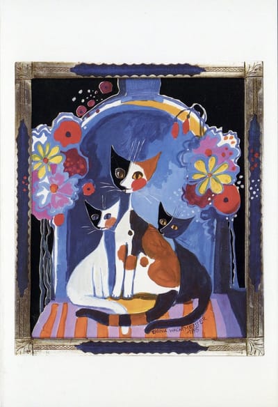 Rosina Wachtmeister - Vintage dubbele kaarten - Drie katten - Set van vijf dubbele kaarten met eco-katoen enveloppen