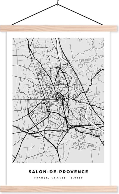 Posterhanger incl. Poster 40x60 cm - Schoolplaat - Plattegrond - Kaart - Stadskaart - Frankrijk - Salon-de-Provence - Textielposter - Blanke latten - Stadskaart