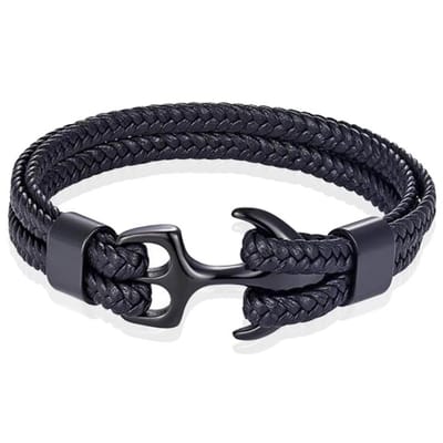Tom Jaxon Heren armband Anker gevlochten Leer Zwart - 18cm