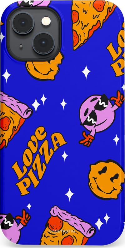 Casetastic hoesje geschikt voor Apple iPhone 14 Plus - MagSafe - Dubbellaagse bescherming - Funky Pizza - Fashion Case - Paars Okergeel Donkerblauw Bruin