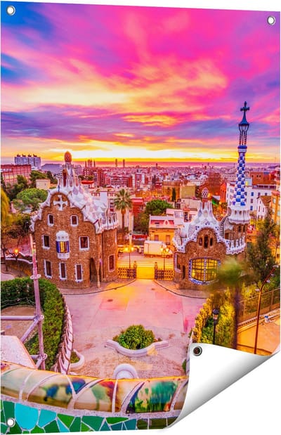 Gards Tuinposter Park G�ell Uitzicht op Barcelona - 60x80 cm - Tuindoek - Tuindecoratie - Wanddecoratie buiten - Tuinschilderij
