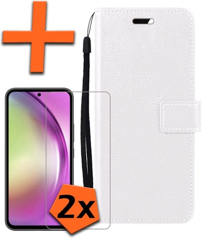 Hoes - Met 2x Screenprotector - Geschikt voor Samsung Galaxy A54 - Luxe Pasjeshouder - Bookcase Portemonee - Flip Case - Kunstleer Book Case - Flipcase Hoes - Book Cover - Walletcase - PortemonneeHoes - Wit