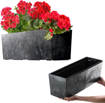 KADAX Bloembak 18,5 x 56 cm, betonpatroon, zwart, met inzetstuk, weerbestendige rechthoekige plantenbak voor balkon en outdoor