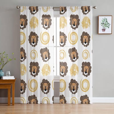 Jungle Cartoon Dier Leeuw Zebra Transparante Gordijnen voor Woonkamer Kinderkamer Tule Gordijnen Keuken Raambekleding 2 Panelen W50H130(CM)x2pcs&Grommet Top white