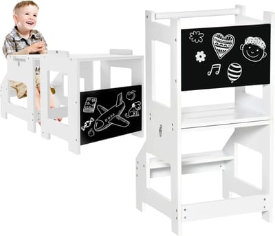 Bealive® Multifunctionele leertoren - 2 in 1 - Kinder toestel - Opstapje - Tafel set - Inclusief krijtbord - Compact - Wit - Hout - 42 x 44 x 86 cm - Aanbevolen voor kinderen 3-6 jaar - Max gewicht: 50 km
