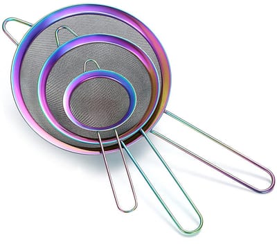 Rainbow Fine Mesh Set van 3 gekleurde meelzeef om te koken, roestvrijstalen reiniger, matcha theezeef, sausscheider, stasher pastazeef