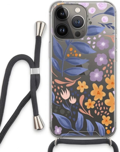 Case Company® - Hoesje met koord geschikt voor iPhone 13 Pro hoesje met Koord - Flowers with blue leaves - Telefoonhoesje met Zwart Koord - Bescherming aan alle Kanten en Over de Schermrand