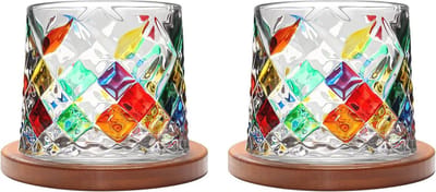 Rotating Water Glass 275 ml - Multifunctioneel Whiskey- en Cocktailglas met Bamboe Onderzetter, Set van 2