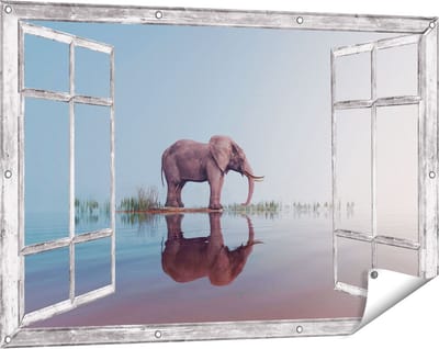 Gards Tuinposter Doorkijk Olifant bij het Water - 120x80 cm - Tuindoek - Tuindecoratie - Wanddecoratie buiten - Tuinschilderij