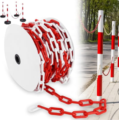 Dailygoods- Afsluitketting 25 m - Kunststof Ketting - Rood/Wit - 8 mm Dik - Goed Zichtbaar - Stabiel en Handig - Afsluitband