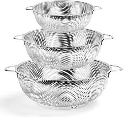Famanu – Keukenzeef set van 3 met steel, roestvrij staal, fijn vergiet voor pasta, fruit, groenten en rijst