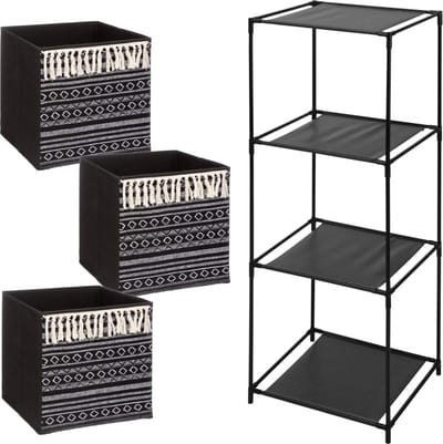 Kastmandjes/opberg manden - zwart/print - 3x stuks van 29L - Metalen rekje is 34 x 98 cm