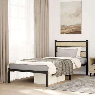 Metalen bedframe - Bed met hoofdbord - Slaapkamer inrichten - Sonoma eiken design - 80 x 200 cm - Zwart