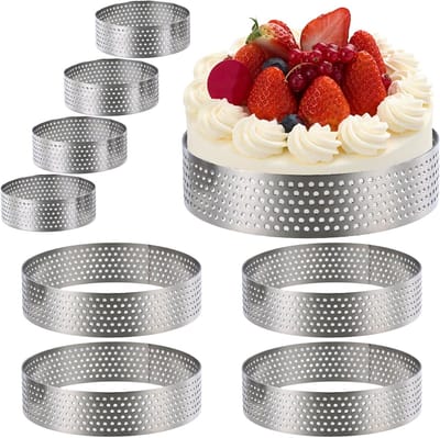 Set van 8 Perforated Cake Rings - Ronde Mallen voor Taarten, Gebak en Mini Pizzas, Roestvrij Staal en Antiaanbaklaag