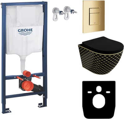 GROHE Solido Inbouwreservoir - LAVITA SOFI SLIM BLACK NIGHT Wandcloset - Gouden SKATE COSMOPOLITAN Drukplaat