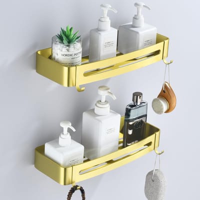 Dailygoods- Douchecaddy - Geborsteld Gouden Aluminium - Doucherek zonder Boren - Opberghouder voor Shampoo - Set van 2 - Roestbestendig - Badkamerrek