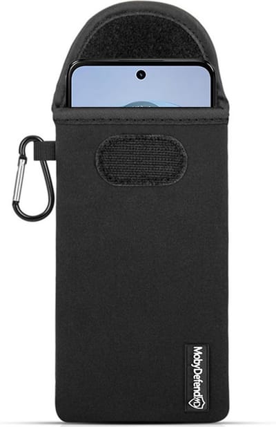 MobyDefend Hoesje - Geschikt voor Motorola Moto G34 - Neopreen Pouch Met Karabijnhaak - Insteek - Riemlus - Zwart