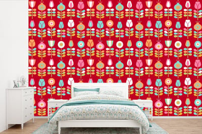 Behang - Fotobehang Patronen - Bloemen - Retro - Rood - Breedte 360 cm x hoogte 240 cm