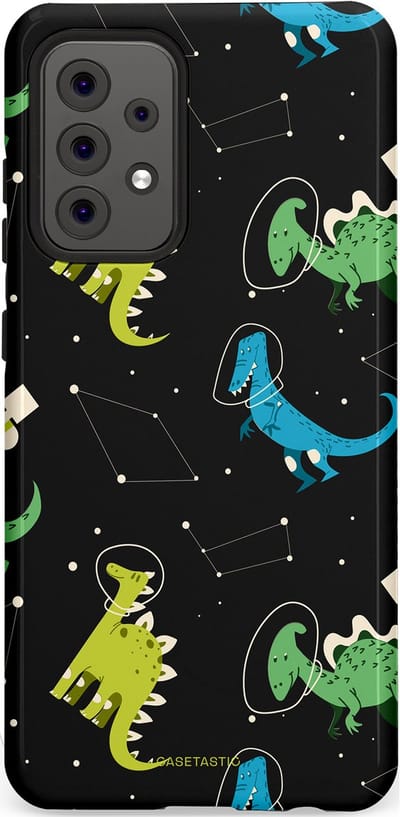 Casetastic hoesje geschikt voor Samsung Galaxy A52 (2021) 5G / Samsung Galaxy A52 (2021) 4G - Dubbellaagse bescherming - Dino in de sterren - Fashion Case - Zwart Groen