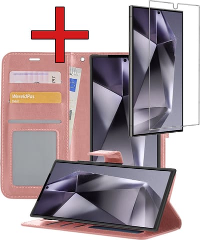 Hoesje - Met Screenprotector - Geschikt voor Samsung Galaxy S24 Ultra - Luxe Pasjeshouder - Flipcase - Bookcase Portemonee - Flip Case - Kunstleer Book Case - Book Cover - Walletcase - Portemonneehoes - Telefoonhoes - Rosé goud