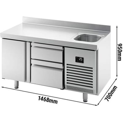 GGM Gastro Kühltisch Premium PLUS - 1468x700mm - mit 1 Becken, 1 Tür, 2 Schubladen - Aufkantung