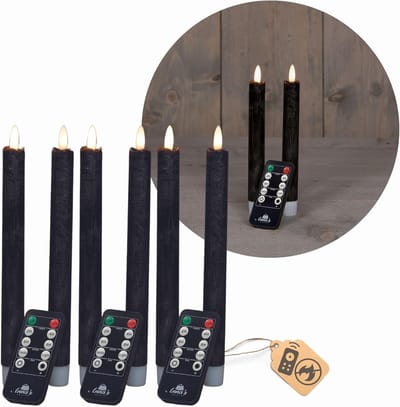 LED-kaarsen met timer ZWART 6 stuks Binnen 6 uur ECHTE WAS 18 cm hoogte voor kaarsen 2,2 cm diameter 2 AAA-batterijen vereist LED-kaarsen set van 4 ZWART (twee keer) bewegende vlamlamp