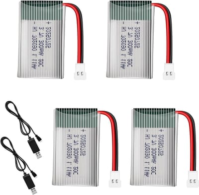 Set van 4 Lipo Batterijen 3.7V 300mAh voor Vliegtuigen, RC Helicopters en Drones - Compact en Lichtgewicht (37 x 20 x 8 mm, XH2.54 Plug)