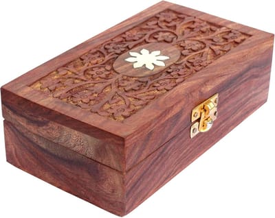 Houten Sieradendoos - Schatkistje Organizer - Sieraden Opbergen - Handgesneden Bloemen - 18.5 x 10.5cm - Bruin
