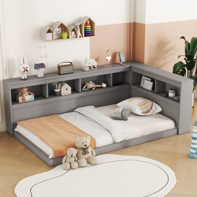 DESMIU Dagbed 90 x 200 cm Zonder Matras, Slaapbank Met Stopcontact En 2 USB Aansluitingen, Hoofdbord Met Opbergvakken, Voor Woonkamer En Slaapkamer, Grijs