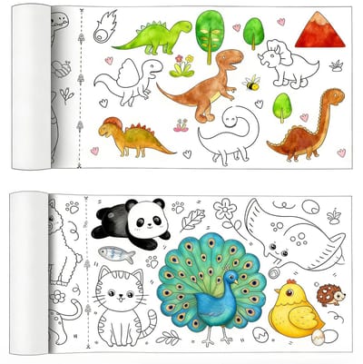 2 rollen tekentpapier, 300 x 30 cm Papierrollen om op te tekenen voor, Afbreekbaar zelfklevend papier om in te kleuren (Dieren & Dinosaurussen)