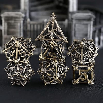 Metalen DND Dobbelstenen Set 7 Bloem DND Dobbelstenen Holle Polyhedrale Bronzen Dobbelstenen D20 D12 D10 D% D8 D6 D4 voor Dungeons & Dragons RPG Bord- en Tafelspellen RPG MTG Spellen