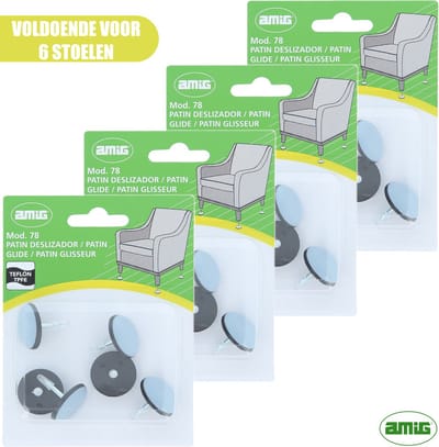AMIG – Teflon Meubelglijders – Stoelpootbeschermers – Ø22mm – met Spijker – PTFE – 24 stuks - Voor 6 Stoelen – Grijs