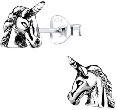 Joy|S - Zilveren eenhoorn oorbellen - geoxideerd - unicorn oorknoppen - 8 x 9 mm