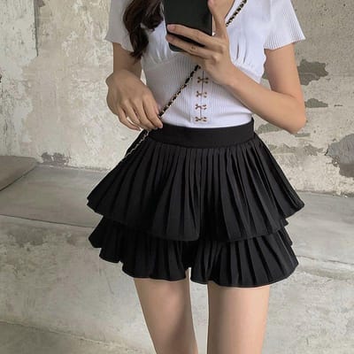 Jupe plissée à gâteau double couche Jupe courte assortie Jupe d'été taille haute antidérapante Jupe trapèze demi-shaggy XL noir