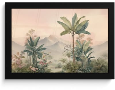 Poster in lijst - Fotolijst 30x20 cm - Posters - Tropisch landschap - palmbomen - Bloemen - Roze lucht - Posterlijst zwart - Decoratie - Wanddecoratie woonkamer - Muurdecoratie slaapkamer