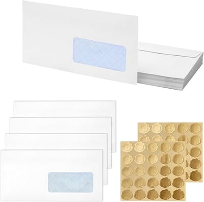 Envelopes met Venster, 100 Stuks, Inclusief 125 Gouden Sluitstickers, Privacy Bescherming, Voor Facturen en Documenten, 225 x 115 mm