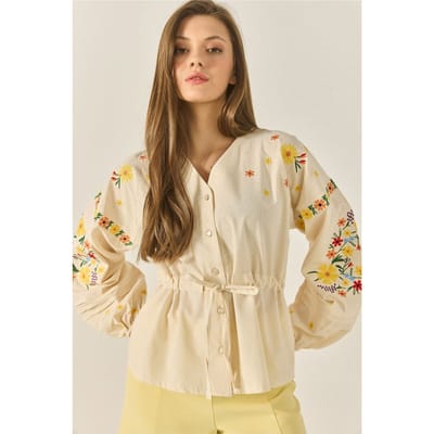 Geweven V-hals Katoenen Shirt met Strik