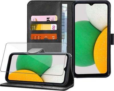 Geschikt voor Samsung A03 Core Book Case Hoesje + Screenprotector – Magnetische Flip Portemonnee Rustic Zwart - Gehard Glas