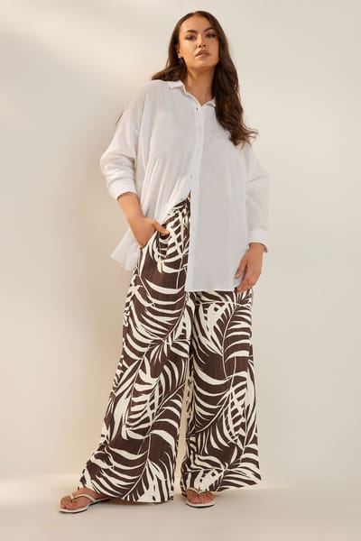Yours Broek Met Palmprint Met Textuur En Wijde Pijpen In Bruin Size 42